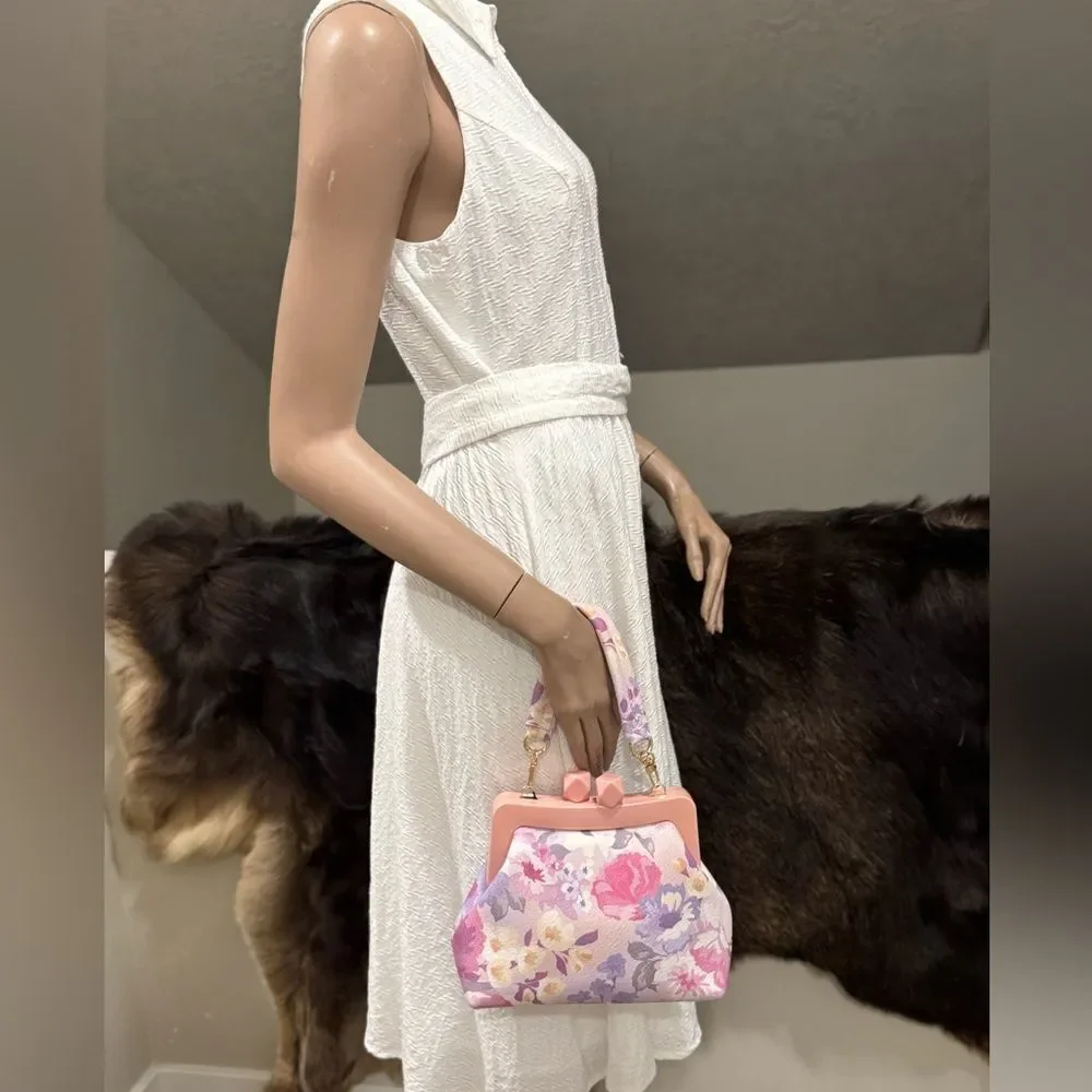 Floral Print Cowhide Leather Handmade Acrylic Frame Clutch Bag, 3 Straps Style